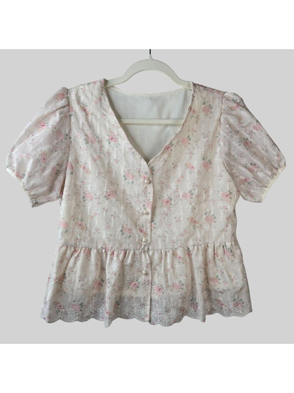 Victorian Puff Sleeve Blouse Top Sz M Cream Pink Floral Peplum Button Up Shirt